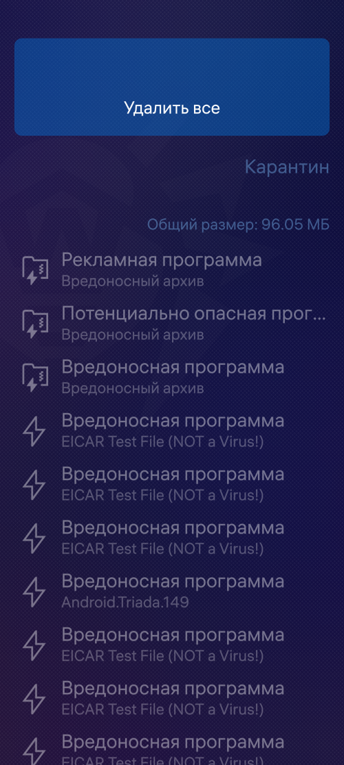 Рисунок 28: Удаление всех угроз из карантина