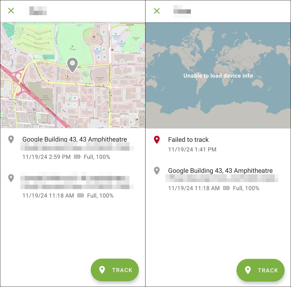 Figure 12. Location screen when location tracked successfully (left) and when tracking failed (right)