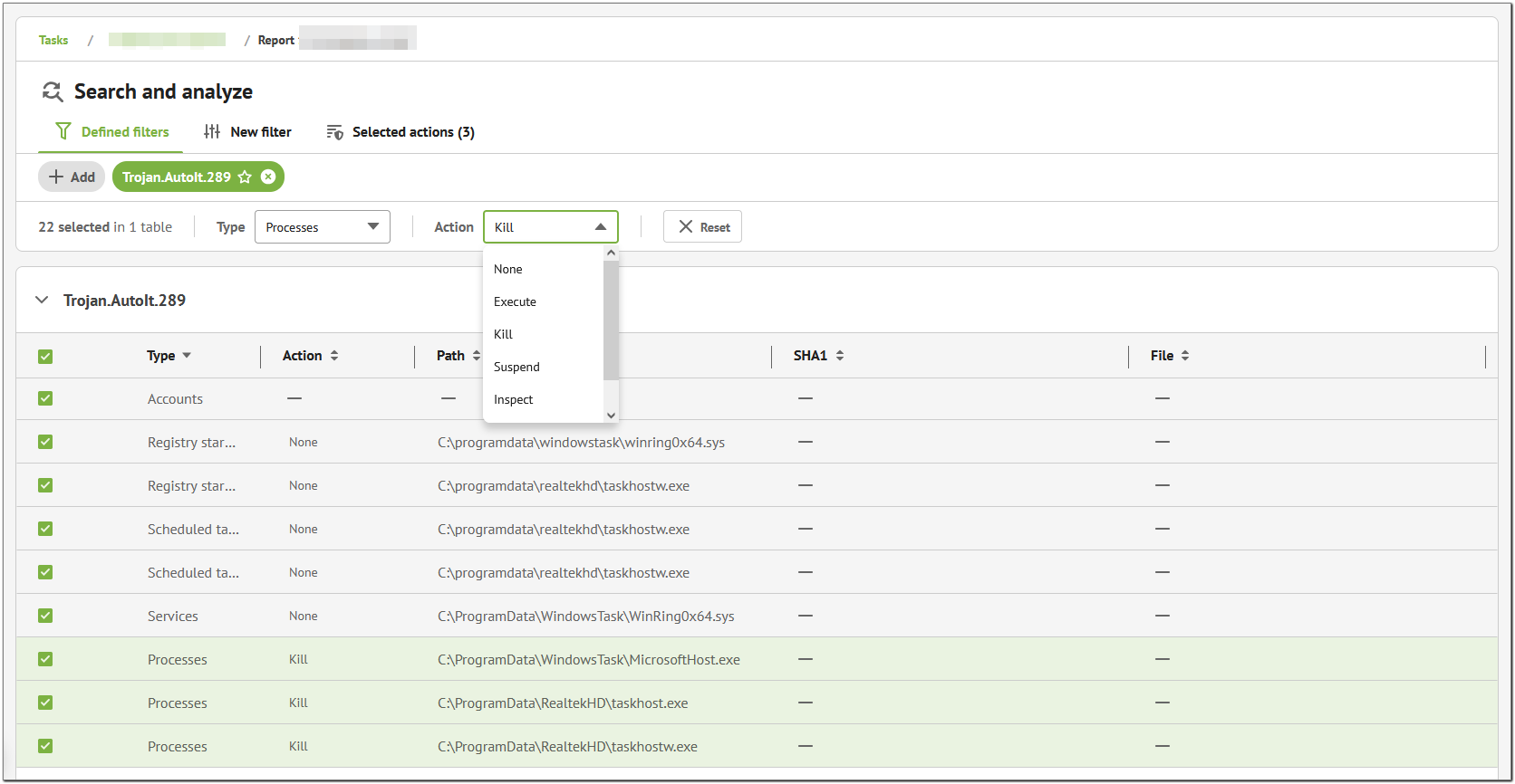 Figure 20. Selecting actions