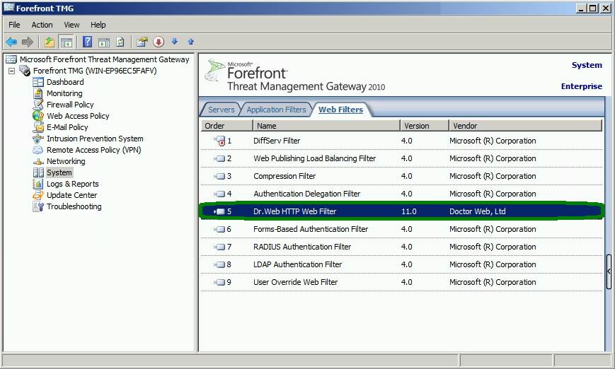 Microsoft TMG. Microsoft threat Management Gateway. Доктор веб консоль управления.