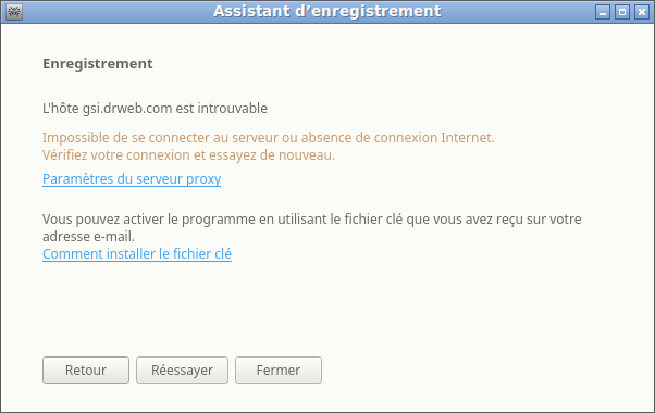 Figure 30. Erreur de connexion au serveur d’enregistrement
