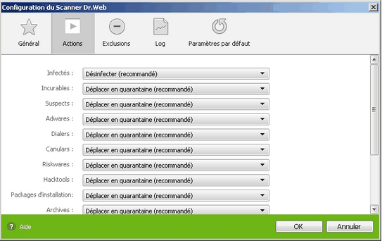 Configurer le Scanner Dr.Web - Rubrique Actions Pour obtenir des détails sur une option, cliquez sur le thème correspondant dans l'image. Pour obtenir des informations sur des options disponibles sur d'autres pages, cliquez sur le lien correspondant dans l'image.